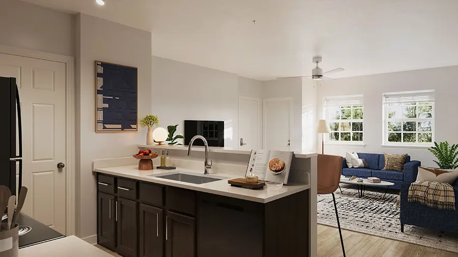 Fully equipped modern apartment kitchen at Latitude Lexington